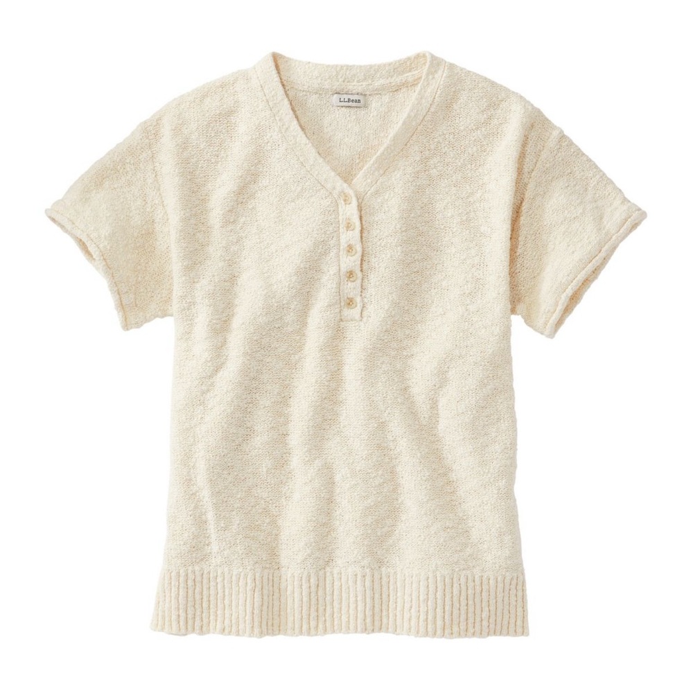LL Bean Women's Midweight Cotton Slub Sweater, Henley Short-Sleeve Medium White